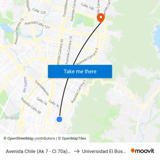 Avenida Chile (Ak 7 - Cl 70a) (B) to Universidad El Bosque map
