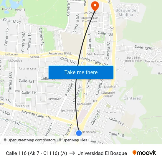 Calle 116 (Ak 7 - Cl 116) (A) to Universidad El Bosque map