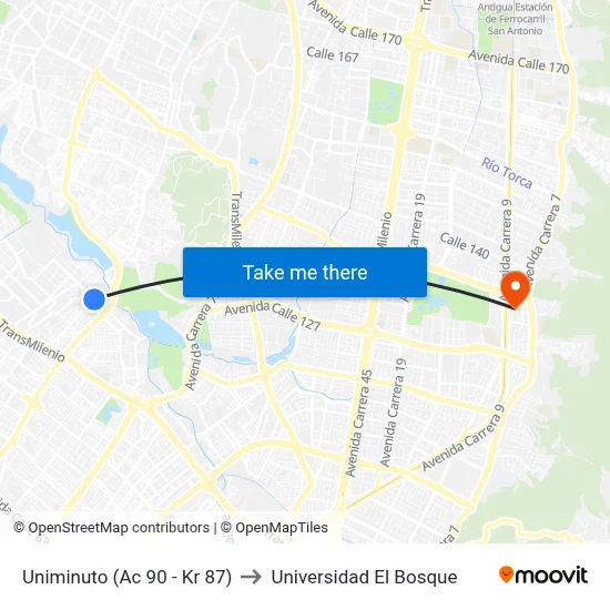 Uniminuto (Ac 90 - Kr 87) to Universidad El Bosque map