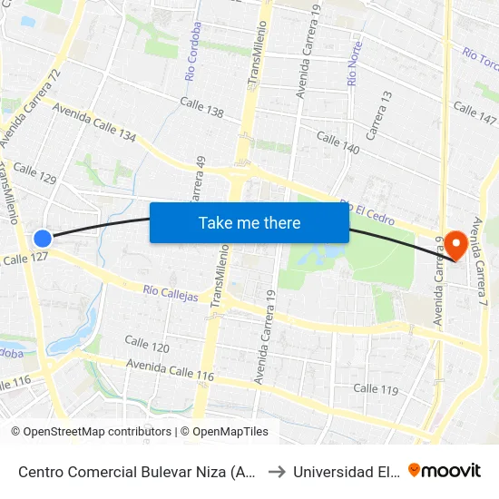 Centro Comercial Bulevar Niza (Av. Villas - Ac 127) to Universidad El Bosque map