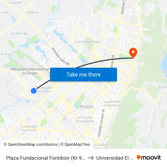 Plaza Fundacional Fontibón (Kr 99 - Cl 18a) (A) to Universidad El Bosque map