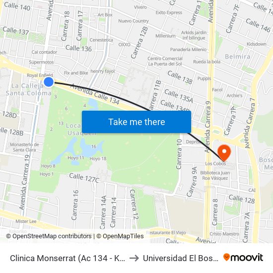 Clinica Monserrat (Ac 134 - Kr 17) to Universidad El Bosque map