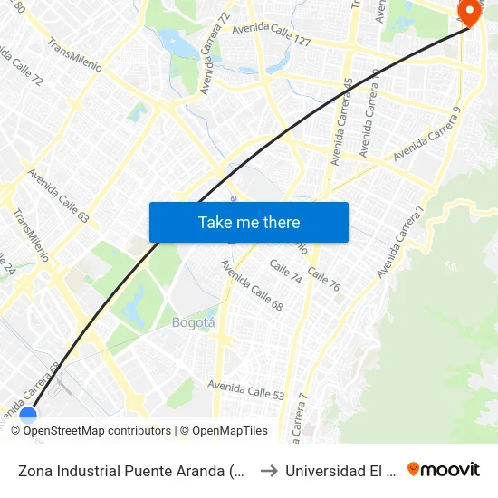 Zona Industrial Puente Aranda (Kr 65b - Cl 14) to Universidad El Bosque map