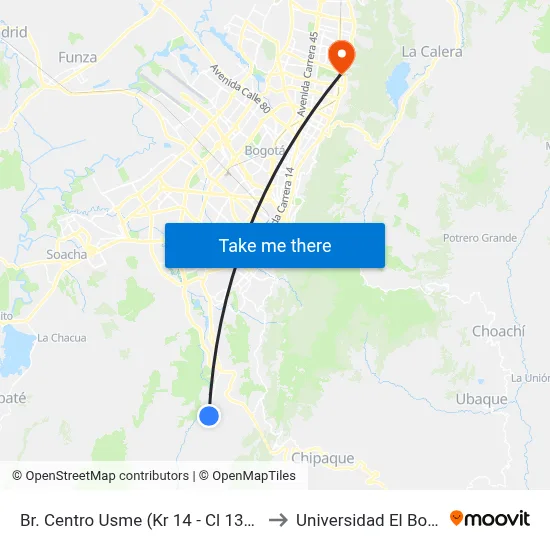 Br. Centro Usme (Kr 14 - Cl 133c Sur) to Universidad El Bosque map