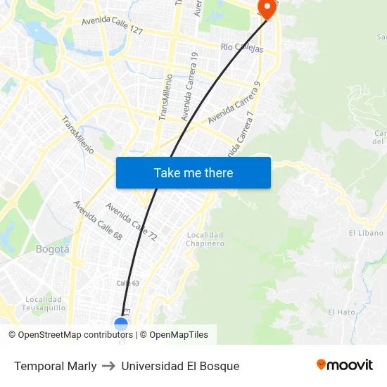 Temporal Marly to Universidad El Bosque map