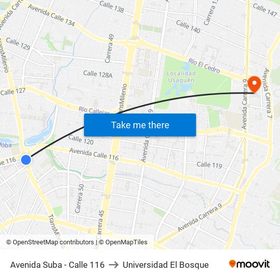 Avenida Suba - Calle 116 to Universidad El Bosque map