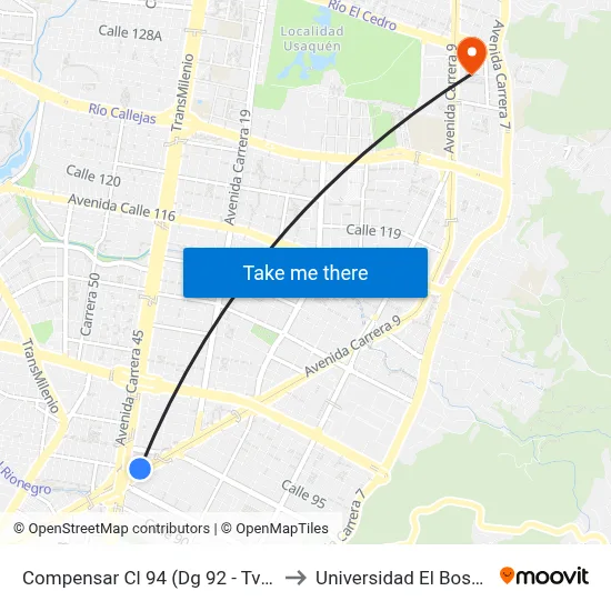 Compensar Cl 94 (Dg 92 - Tv 20) to Universidad El Bosque map
