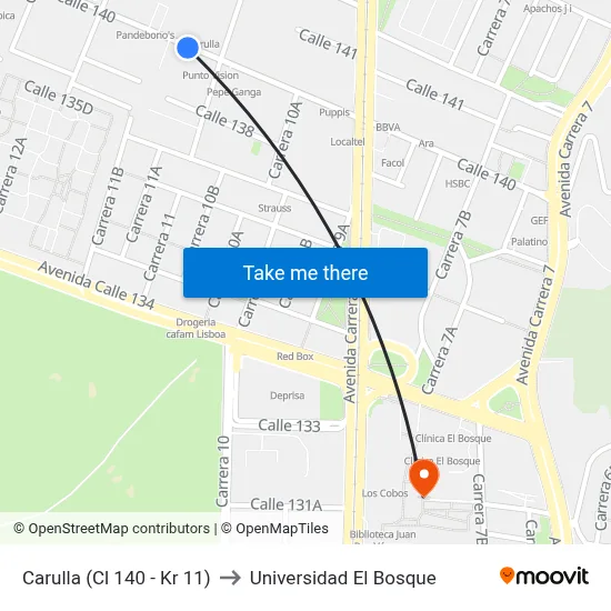 Carulla (Cl 140 - Kr 11) to Universidad El Bosque map