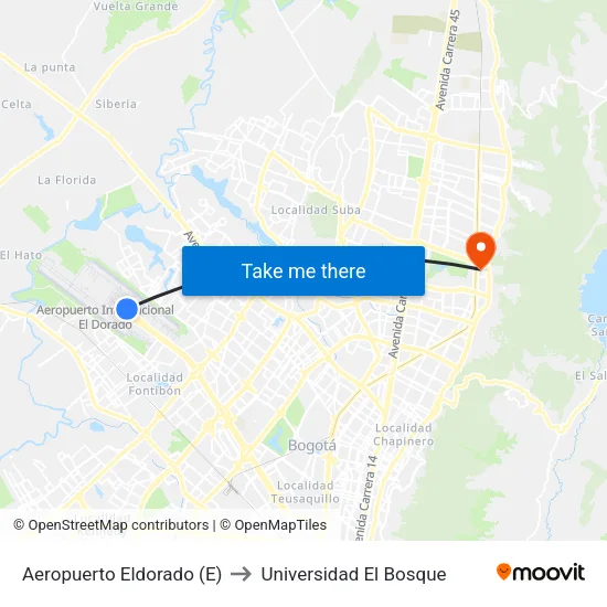 Aeropuerto Eldorado (E) to Universidad El Bosque map
