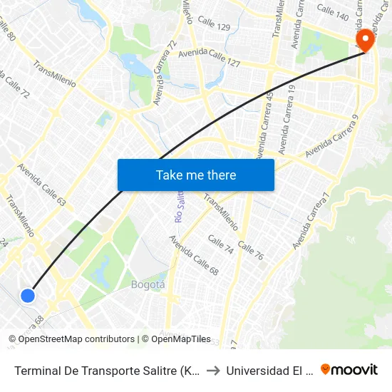 Terminal De Transporte Salitre (Kr 68d - Cl 22c) to Universidad El Bosque map
