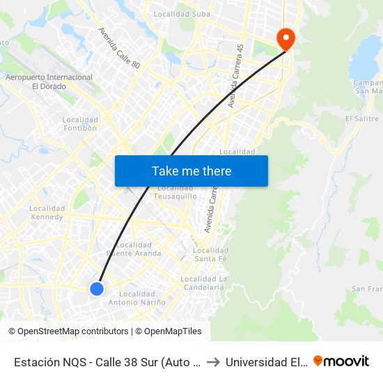 Estación NQS - Calle 38 Sur (Auto Sur - Dg 38a Sur) to Universidad El Bosque map