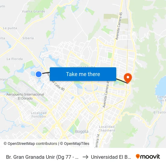 Br. Gran Granada Unir (Dg 77 - Tv 120a) to Universidad El Bosque map