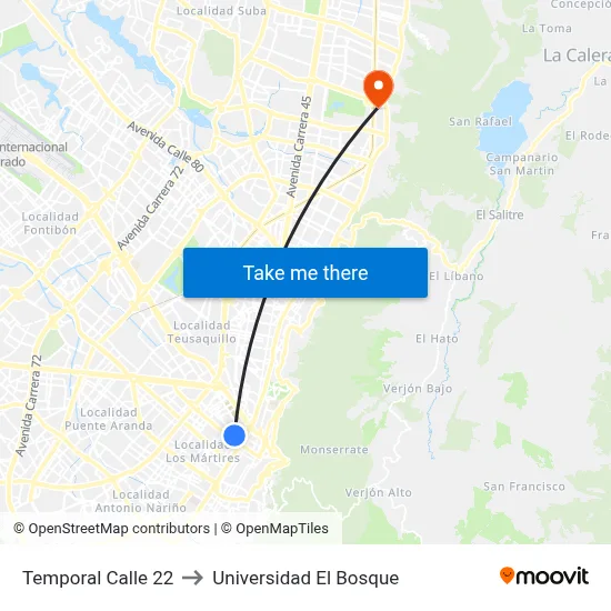 Temporal Calle 22 to Universidad El Bosque map