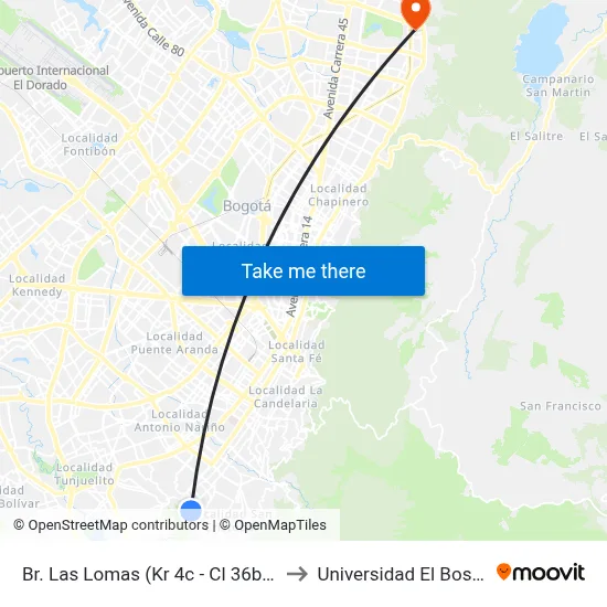 Br. Las Lomas (Kr 4c - Cl 36b Sur) to Universidad El Bosque map