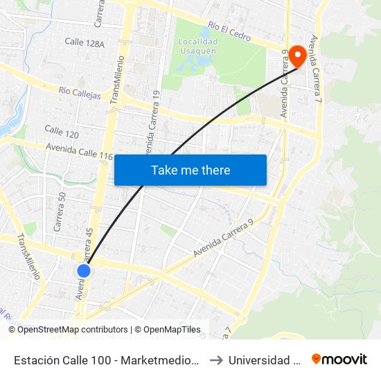 Estación Calle 100 - Marketmedios (Auto Norte - Cl 95) to Universidad El Bosque map