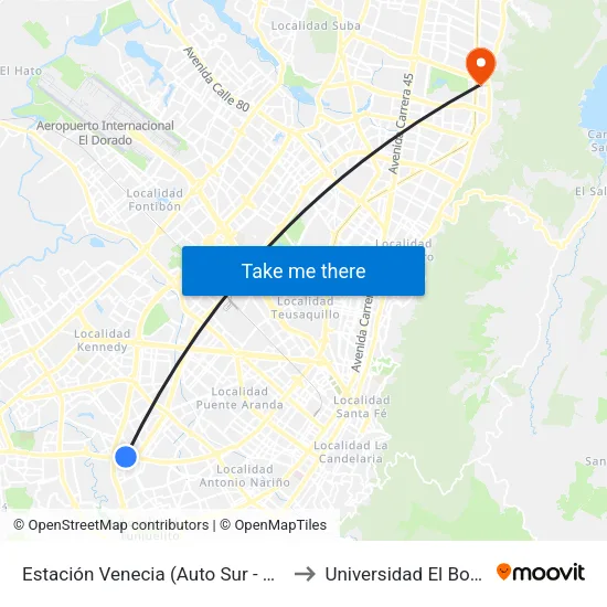 Estación Venecia (Auto Sur - Kr 54a) to Universidad El Bosque map