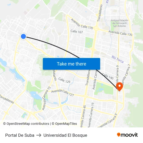 Portal De Suba to Universidad El Bosque map