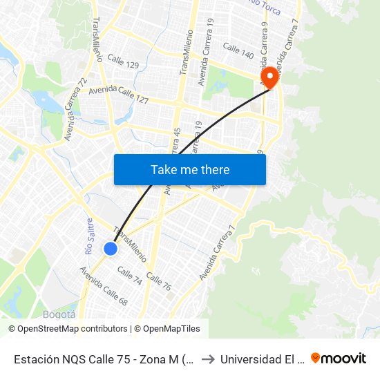 Estación NQS Calle 75 - Zona M (Av NQS - Cl 76) to Universidad El Bosque map