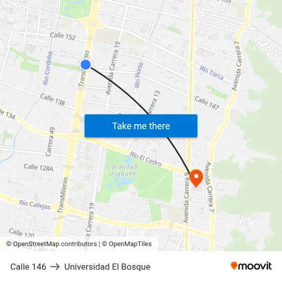 Calle 146 to Universidad El Bosque map