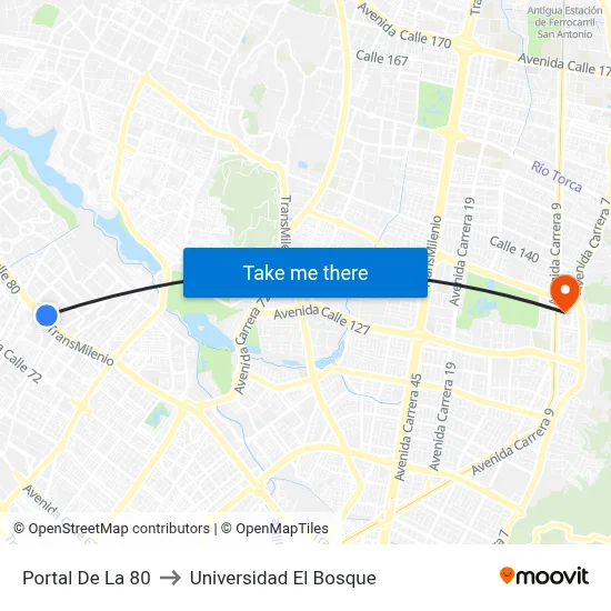 Portal De La 80 to Universidad El Bosque map