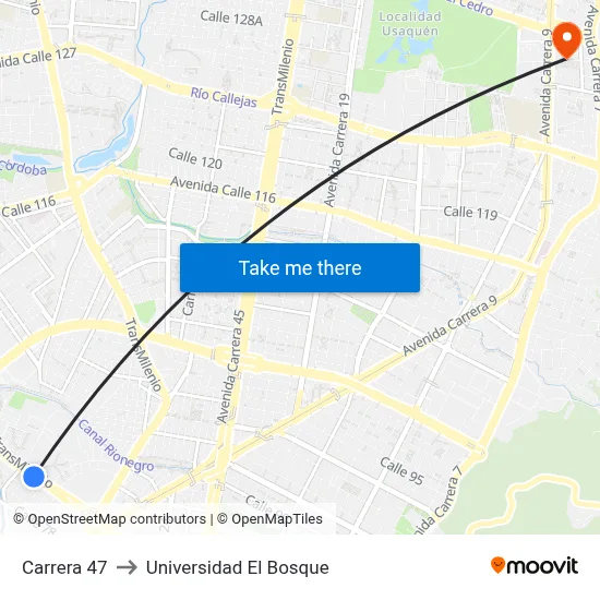 Carrera 47 to Universidad El Bosque map