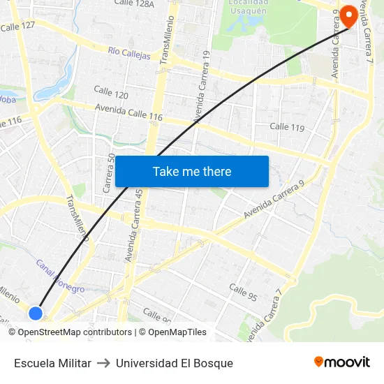 Escuela Militar to Universidad El Bosque map