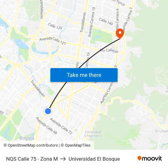 NQS Calle 75 - Zona M to Universidad El Bosque map