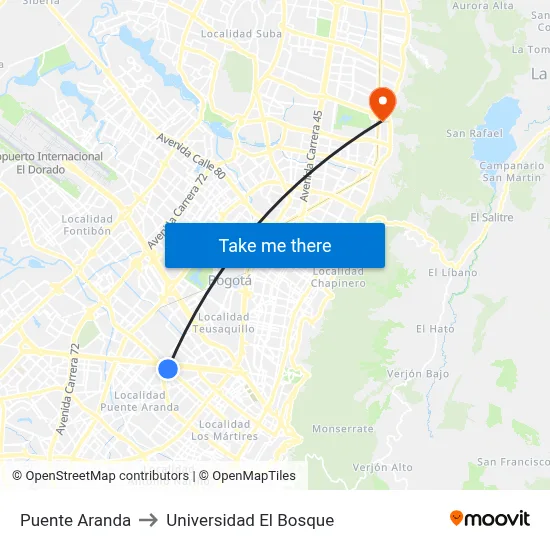 Puente Aranda to Universidad El Bosque map
