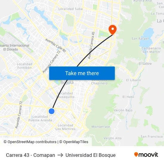 Carrera 43 - Comapan to Universidad El Bosque map