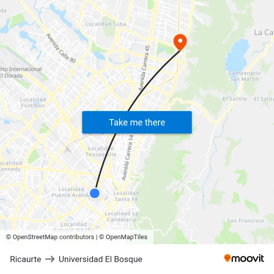 Ricaurte to Universidad El Bosque map