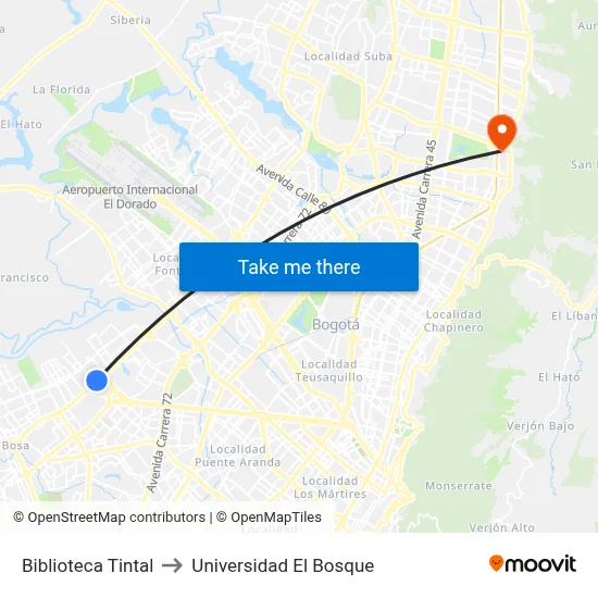 Biblioteca Tintal to Universidad El Bosque map