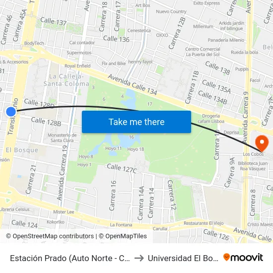 Estación Prado (Auto Norte - Cl 128a) to Universidad El Bosque map