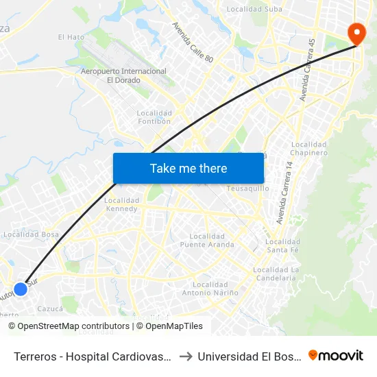 Terreros - Hospital Cardiovascular to Universidad El Bosque map