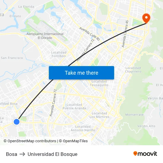 Bosa to Universidad El Bosque map
