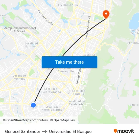 General Santander to Universidad El Bosque map