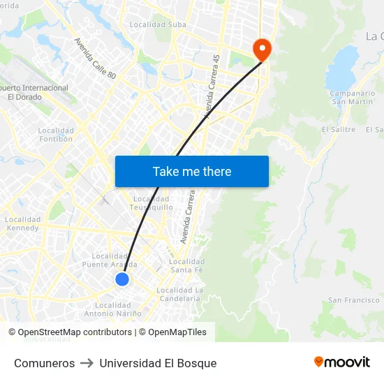 Comuneros to Universidad El Bosque map