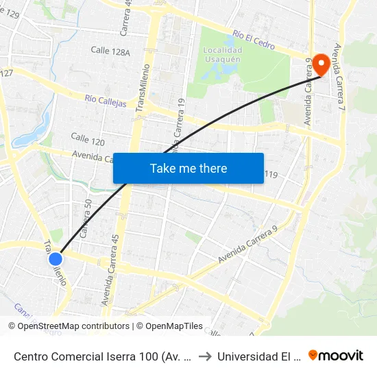 Centro Comercial Iserra 100 (Av. Suba - Cl 98a) to Universidad El Bosque map