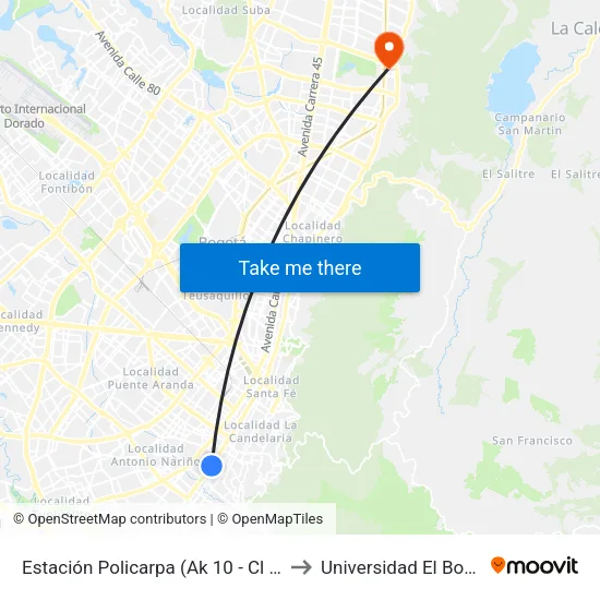 Estación Policarpa (Ak 10 - Cl 2 Sur) to Universidad El Bosque map