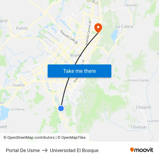 Portal De Usme to Universidad El Bosque map