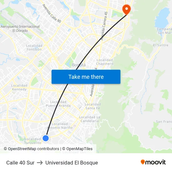 Calle 40 Sur to Universidad El Bosque map