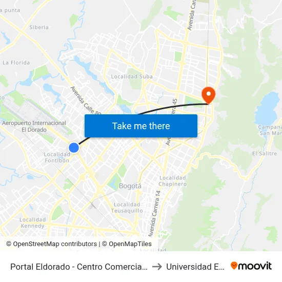 Portal Eldorado - Centro Comercial Nuestro Bogotá to Universidad El Bosque map