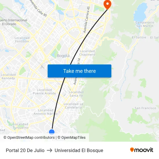 Portal 20 De Julio to Universidad El Bosque map