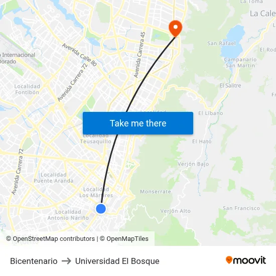 Bicentenario to Universidad El Bosque map