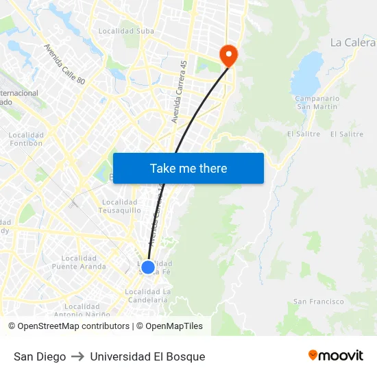 San Diego to Universidad El Bosque map