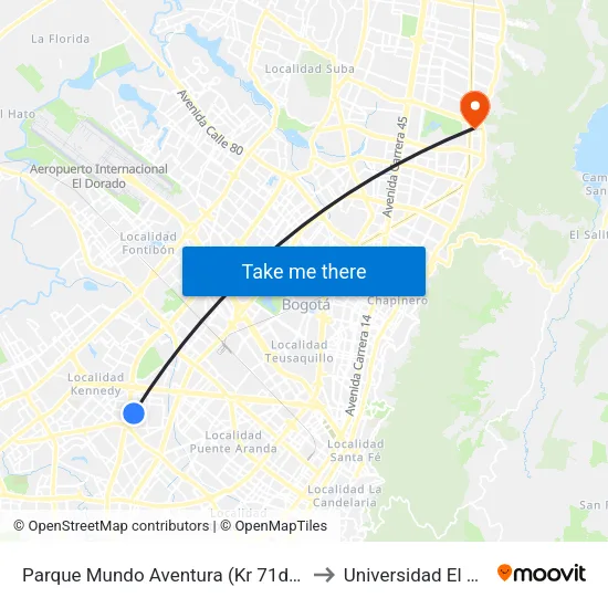 Parque Mundo Aventura (Kr 71d - Cl 1a Sur) to Universidad El Bosque map