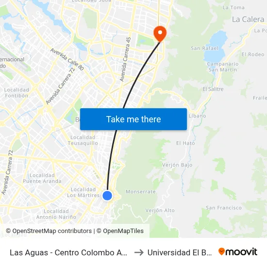 Las Aguas - Centro Colombo Americano to Universidad El Bosque map