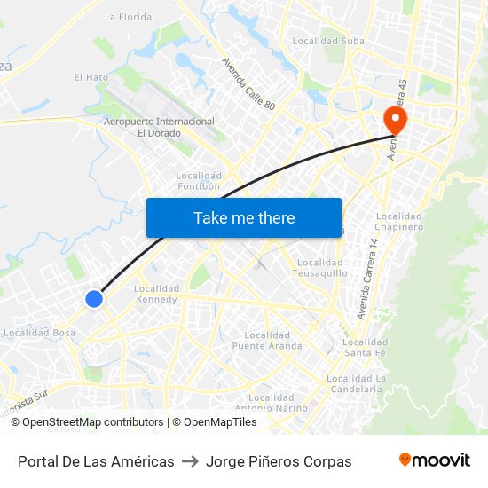 Portal De Las Américas to Jorge Piñeros Corpas map
