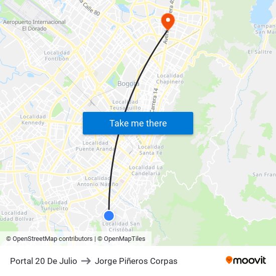 Portal 20 De Julio to Jorge Piñeros Corpas map