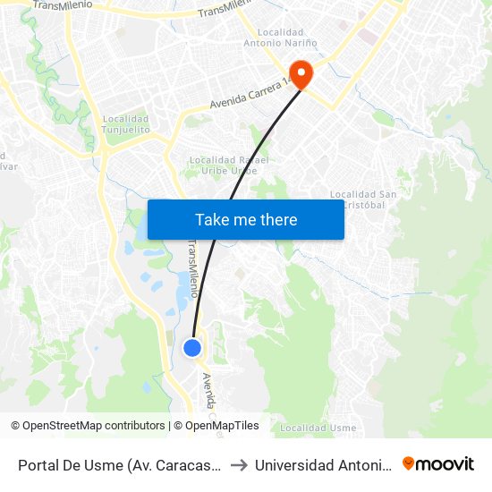 Portal De Usme (Av. Caracas - Cl 64 Sur) to Universidad Antonio Nariño map