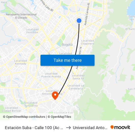 Estación Suba - Calle 100 (Ac 100 - Kr 62) (C) to Universidad Antonio Nariño map